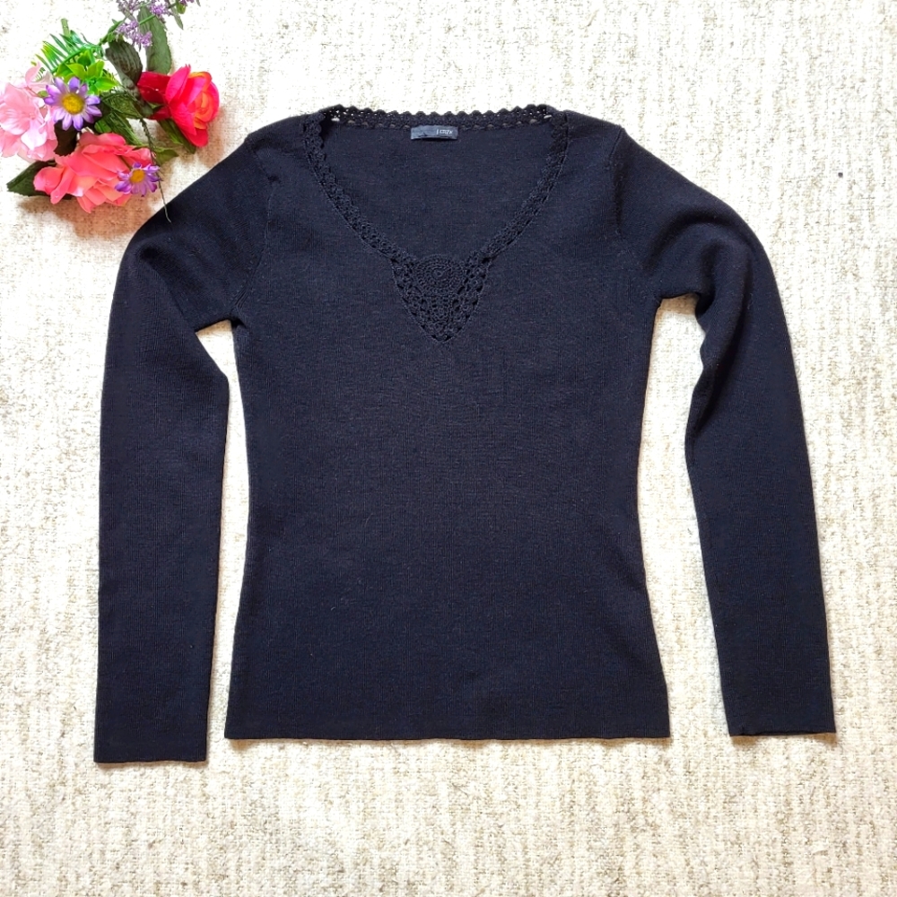 J. Crew black sweater with crotchet design around neckline